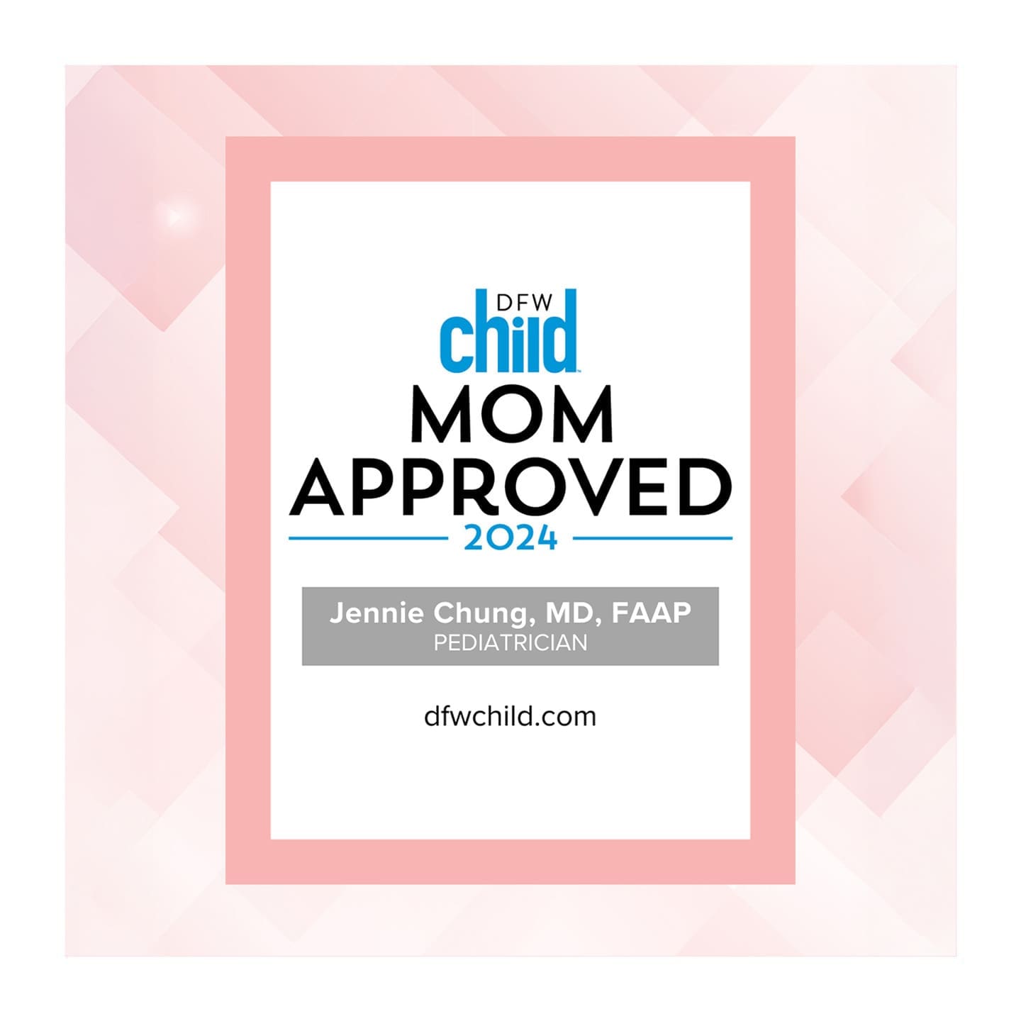 dfw-child-mom-approved-2024-pediatrician-badge-happy-bun-peds. DFW Child Mom Approved 2024 badge with pediatrician endorsement.