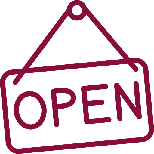 open-sign-dark-red-icon-happy-bun-peds. A hanging "OPEN" sign rendered in dark red line art on a transparent background.