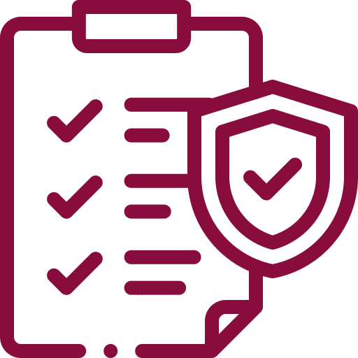 checklist-with-verified-shield-icon-happy-bun-peds. A clipboard checklist with multiple checkmarks overlaid with a verified shield icon, rendered in dark red line art on a transparent background.