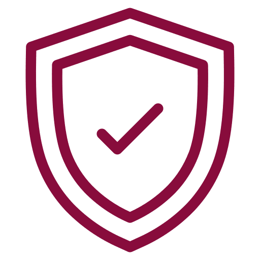 shield-with-checkmark-icon-happy-bun-peds. A shield with a checkmark in the center, rendered in dark red line art on a transparent background.