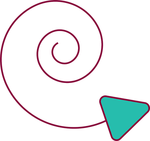 spiral-with-teal-play-button-icon-happy-bun-peds. A dark red spiral line with a solid teal triangular play button at its tail end, on a transparent background.
