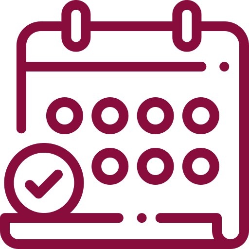 calendar-with-checkmark-icon-happy-bun-peds. A calendar with circular date markers and a checkmark badge in the lower left, rendered in dark red line art on a transparent background.