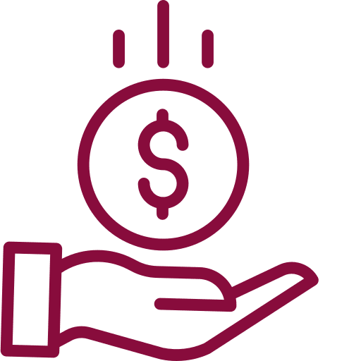 hand-receiving-dollar-coin-icon-happy-bun-peds. An open hand receiving a dollar coin dropping from above, rendered in dark red line art on a transparent background.